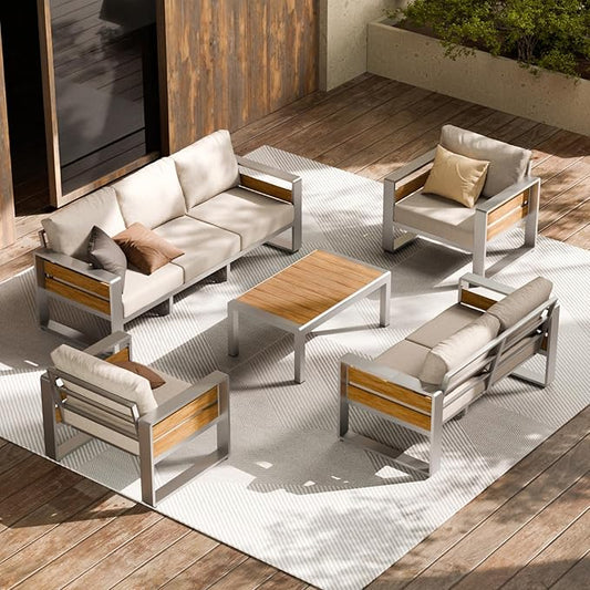 ZANDOR Aluminum Outdoor Patio Conversation Furniture Set, 5 PCS Metal Modern Outside Sectional Lawn Furniture with Coffee Table & Washable Thick Cushions,Seating Sofa for Garden/Backyard/Porch Silver