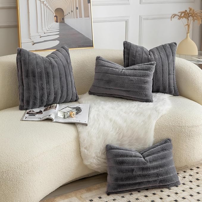 Pack of 2 Faux Fur Throw Pillow Covers 18x18 Inch Striped Decorative Soft Plush Couch Pillow Case Home Decor for Bed, Sofa, Living Room Darkgrey