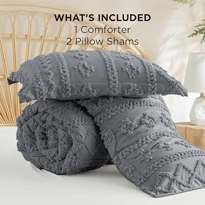 Bedsure Tufted Boho Comforter Set California King Size - Grey Boho Bed Set, GentleSoft™ 3 Pieces Farmhouse Shabby Chic Embroidery Bedding, Gifts for Woman, Soft Jacquard Comforter for All Seasons