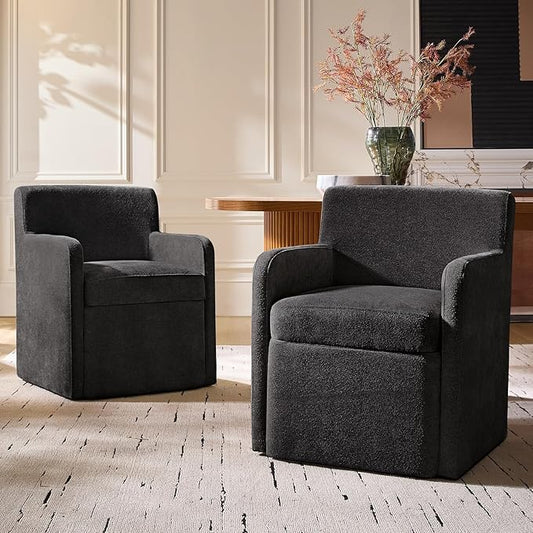 HULALA HOME Upholstered Dining Chair Set of 2 with Smooth-roling Castors, Modern Fabric Side Dining Room Chairs with Built-in Storage, Multi-Purpos Kitchen Chairs for Living Room, Black