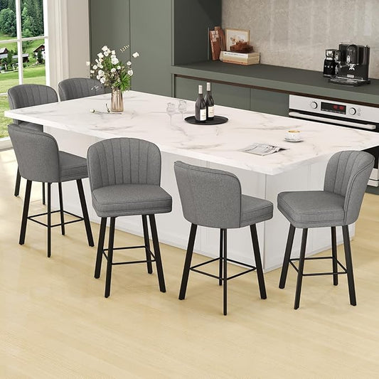 Swivel Counter Height Bar Stools Set of 6, 26'' Modern Barstools with Backs and Metal Legs, Upholstered Bar Chairs,Mid-Gray,Fabric Stools for Kitchen Island Chairs
