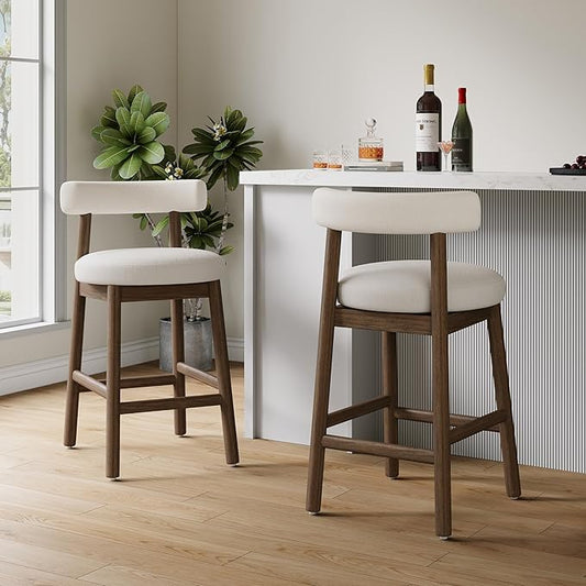 Christopher Knight Home Annes Counter Height Bar Stools Set of 2, Linen Fabric Round Bar Stool for Kitchen Island, Wooden Dining Room Chair, Counter Stool with Footrest, Walnut+Milky White