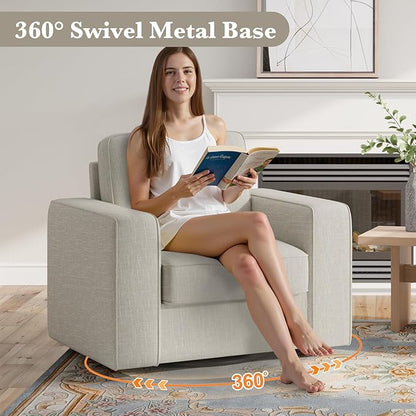 360 Degree Rotation Swivel Accent Sofa Chairs Set of 2, 36'' Width Oversized Armchairs Linen Living Room,Reading-Khaki