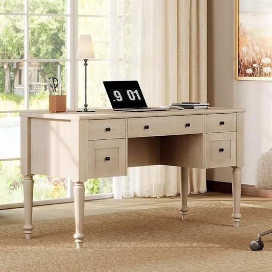 WAMAPT Farmhouse Executive Desk with 5 Drawers, Home Office Desk with Charging Station, Wood Computer Desk with File Cabinet Storage, Door, Open Shelf for Work and Study, Light Oak, 55 inch