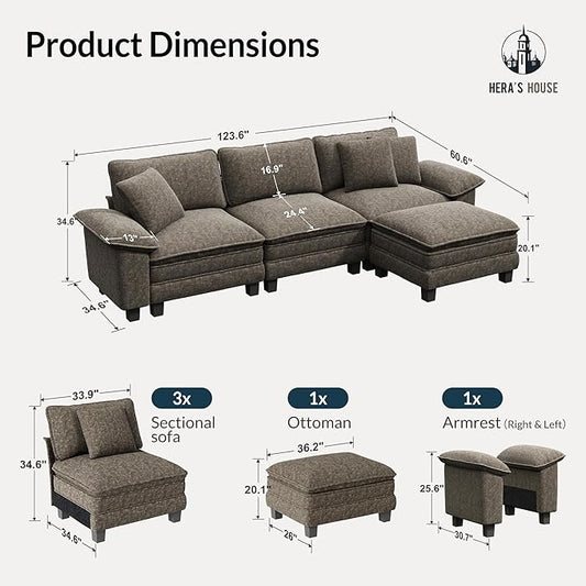 HERA'S HOUSE 124" Modular Sectional Sofa, Oversized L Shaped Couches for Living Room, Comfy Cloud Couch with Ottoman, 4-Seater Deep Seat Sofa with Throw Pillow, Chenille Ash