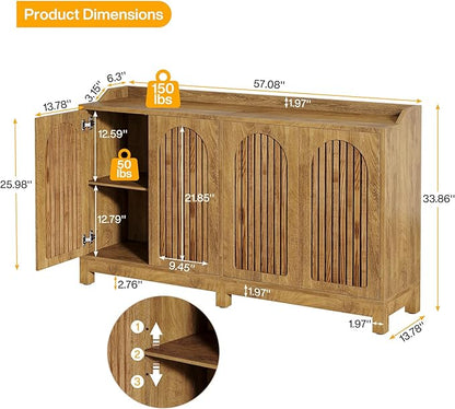 Tribesigns 57" Buffet Cabinet with Storage, Long Sideboard Cabinet with Doors & Adjustable Shelves, Wood Accent Sideboard for Dining Room, Living Room, Kitchen, Light Walnut Brown