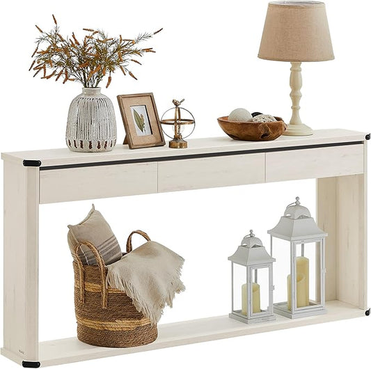 VASAGLE Console Table, 63 Inches Sofa Table, Narrow Entryway Table, Entry Table with 3 Drawers, Bottom Shelf, Metal Corners, for Living Room, Bedroom, Farmhouse Style, Rustic White ULNT146W73