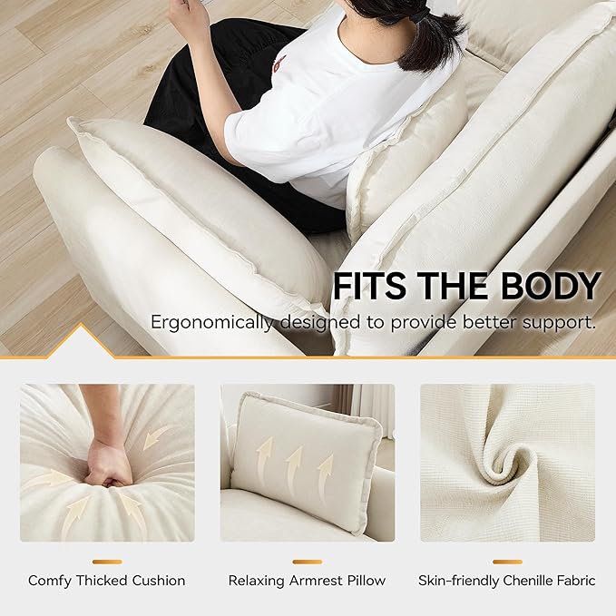 76'' Cloud Deep Seat Loveseat Sofa, Upholstered Chenille Modular 3-Seats Sectional Sofa Couch with Movable Ottoman, Modern Comfy Settee Loveseat for Living Room Set, Small Apartment, Beige