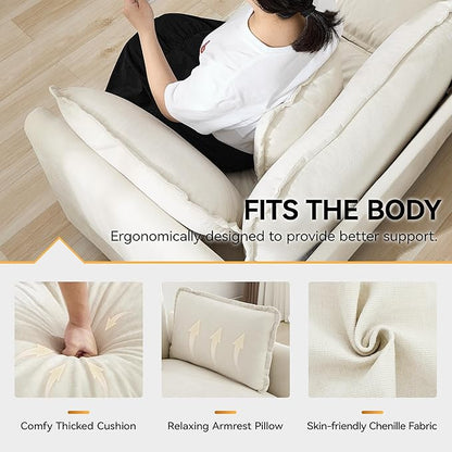 76'' Cloud Deep Seat Loveseat Sofa, Upholstered Chenille Modular 3-Seats Sectional Sofa Couch with Movable Ottoman, Modern Comfy Settee Loveseat for Living Room Set, Small Apartment, Beige