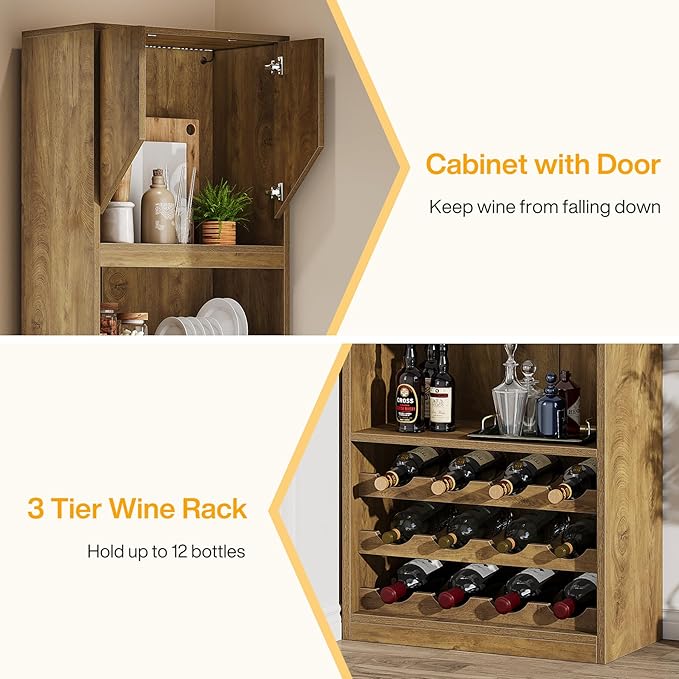 Tribesigns 86.6" Tall Wine Bar Cabinet with Stripe Light, Farmhouse Home Bar Liquor Cabinet with Wine Racks and Open Shelves for Kitchen Dining Living Room