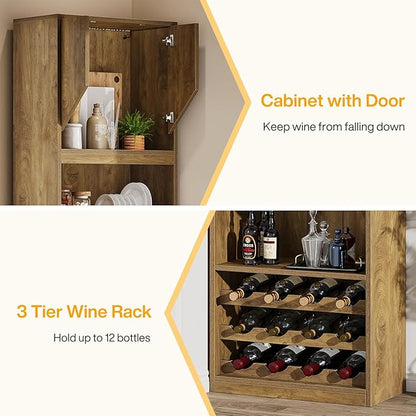 Tribesigns 86.6" Tall Wine Bar Cabinet with Stripe Light, Farmhouse Home Bar Liquor Cabinet with Wine Racks and Open Shelves for Kitchen Dining Living Room
