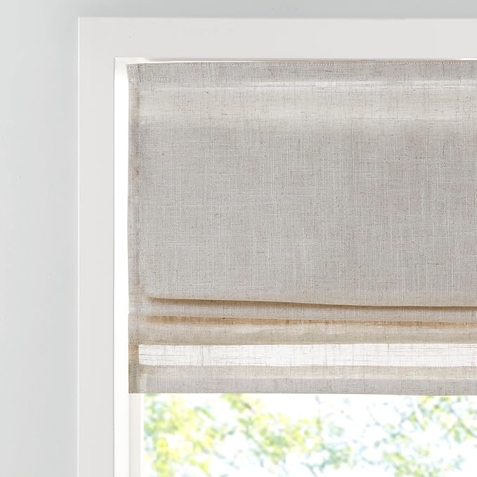 Madison Park Kyler Cordless Roman Shades - Single Panel, Lightweight Linen Blend Fabric, Natural Design, Easy Installation, Light Filtering Window Blind, Bedroom, Living Room Decor 27"W x 64"H Natural