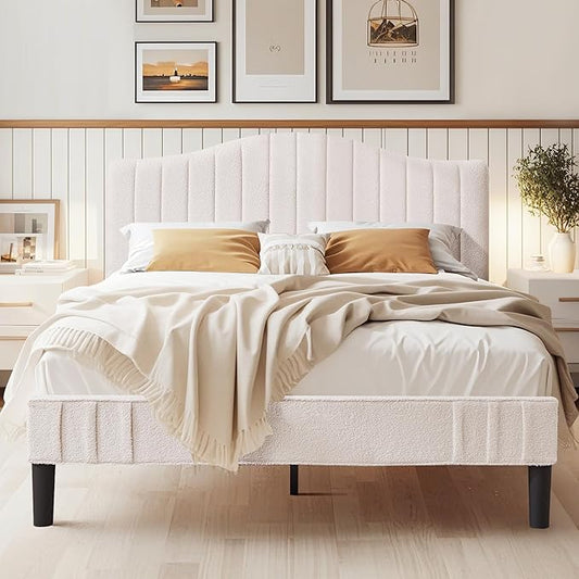 VECELO Queen Size Bed Frame Upholstered Platform Beds with Height-Adjustable Teddy Fabric Headboard, Strong Wood Slats 7.9'' Under Bed Storage Space Noise-Free No Box Spring Needed, Cream