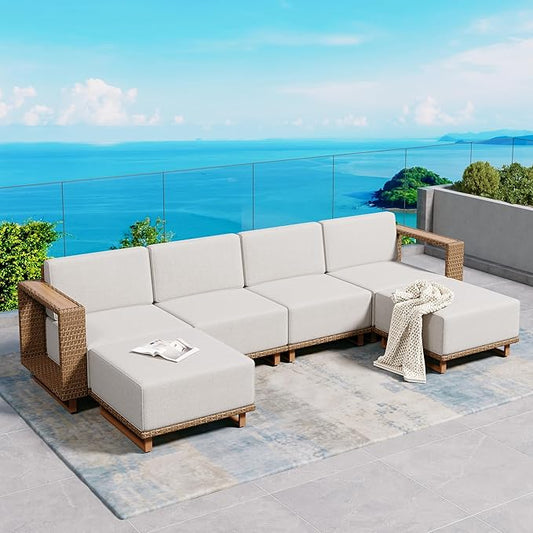 Sectional Outdoor Patio Furniture,U Shaped Rattan Wicker Sectional Sofa with 10''Ultra-Thick Cushions,All Weather Patio Conversation Set for Lawn Garden Backyard,Beige