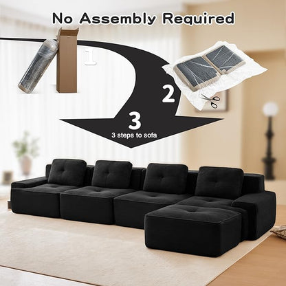 150.4” Black Boneless Couches for Living Room, Modular Sectional Sofa with L-Shape Chaise, 4 Seater Comfy Upholstered Deep Seat Corduroy Fabric Cloud Couch No Assembly, Anti-Slip Design