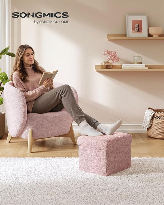 SONGMICS Small Folding Storage Ottoman, Foot Rest Stool, 12.2 x 16.1 x 12.2 Inches, Ottoman with Storage, Load up to 286 lb, for Living Room, Bedroom, Dorm, Jelly Pink ULSF094R01