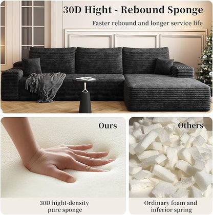 107.5" Cloud Modular Sectional Sofa with L-Shape Chaise, Modern Upholstered Couches for Living Room, Deep Seat Boneless Couch, No Assembly Required, Plush Corduroy Fabric (Black, Right Facing Chaise)