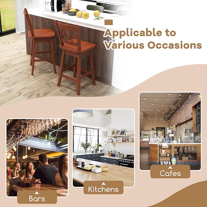 COSTWAY Swivel Bar Stools Set of 2, 24.5 Inch Counter Height Bar Chairs w/Hollow Backrest & Contoured Seat, Wooden Barstools w/Footrest for Kitchen Island, Pub, Bistro, Cafe (2, Walnut)