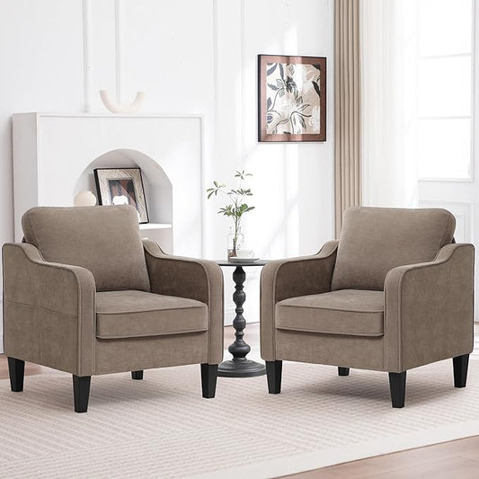 Accent Chairs Set of 2, Upholstered Living Room Chair with Side Pockets, Mid Century Modern Reading Chair for Bedroom, Comfy Armchair Single Sofa Side Chair for Office, Small Room, Brown
