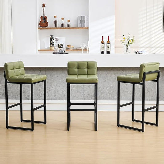 Bar Stools Set of 3, Modern Tall Counter Height Barstools with Back and Thickened Metal Legs, 30" Faux Leather Bar Chairs for Kitchen Island, Bar, Counter (Avocado Green, 3Pcs 30" Bar Stools)