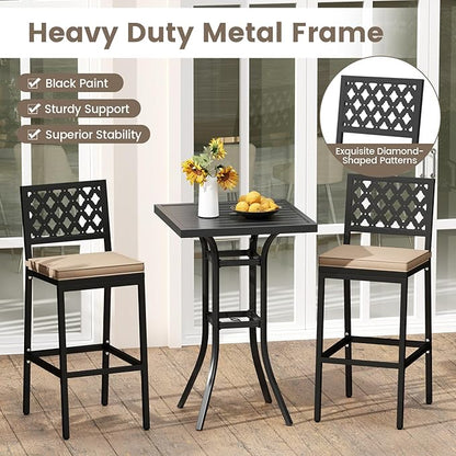 COSTWAY Outdoor Bar Chairs Set of 2, Armless Heavy-Duty Metal Frame Counter Height Chairs with Removable Cushions, Footrest, Ergonomic Backrest, Upholstered Barstools for Patio, Poolside, Backyard