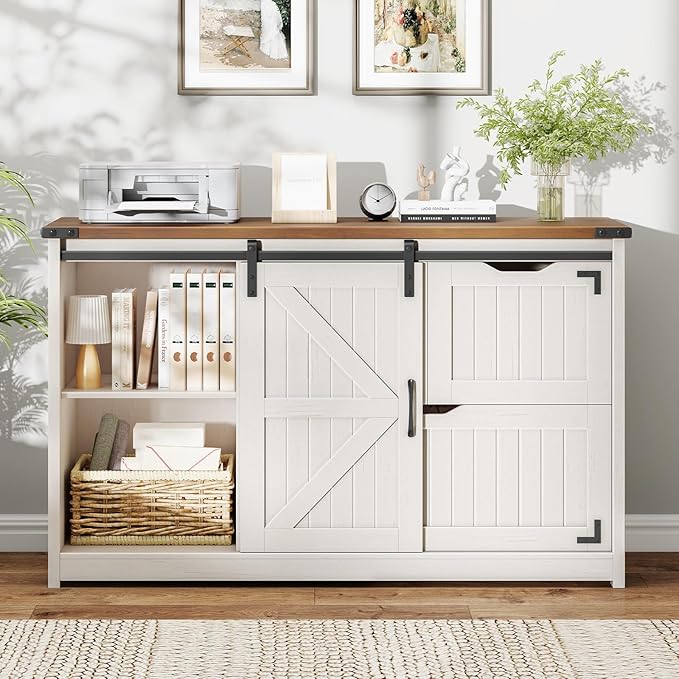 47.8” Farmhouse Lateral File Cabinet with Sliding Barn Door, 3 Drawers Filing Storage Cabinets with Adjustable Shelf, Office Printer Stand for Hanging Files Letter/Legal/F4/A4.