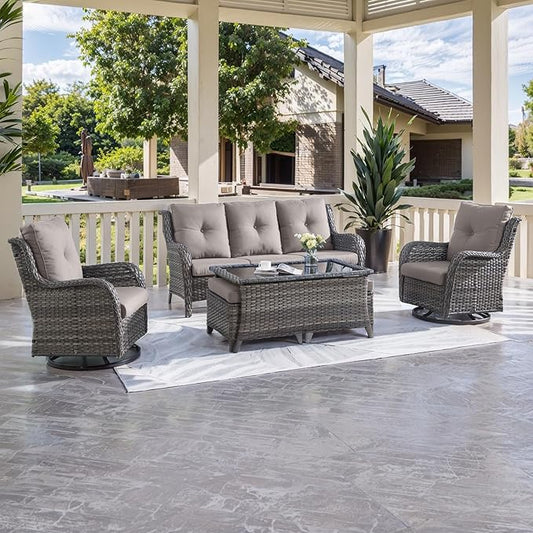 HUMMUH Patio Furniture 6 Pieces Outdoor Furniture Set Wicker Outdoor Sectional Sofa with Swivel Rocking Chairs,Patio Ottomans,Patio Coffee Table
