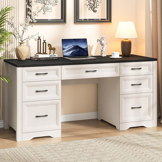 Farmhouse Executive Desk, Wood Home Office Desk with 2 Large File Drawers and 5 Storage Cabinets, Rustic Writing Desk for Work and Study, Black