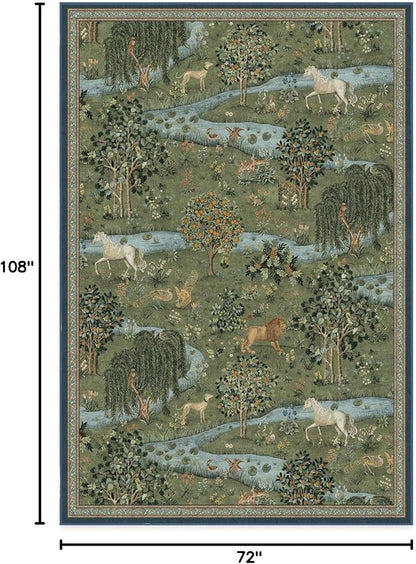 RUGGABLE x Morris & Co Washable Area Rug – Owl & Willow Green 6x9, Stain-Resistant, Non-Slip – Medium Machine Washable Rugs for Living Room, Bedroom, Hallway, Entryway & Office–with Cushioned Pad