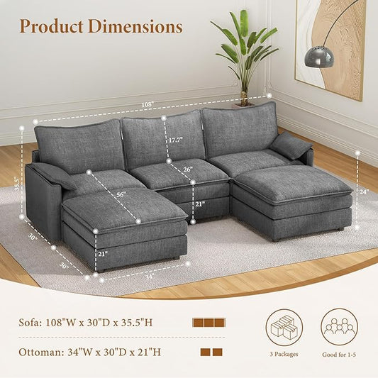 Vesgantti 108" U Shaped Sectional Couch, Comfy Cloud Modular Sectional Sofa with 2 Ottoman Deep Seat Chenille Modern Cloud Sofa, Modular Sofas for Living Room, Bedroom and Apartment, Gray
