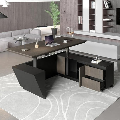 SAINTCY Adjustable Executive Desk - Luxury L Shaped Desk with Drawers, Large Table with File Cabinets, Executive Office Desks with LED Light Strip Home Office Desk for Professionals