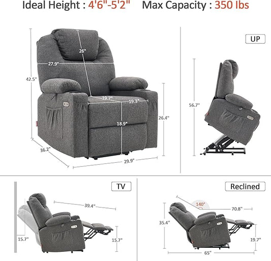 MCombo Small Power Lift Recliner Chair for Elderly, Petite Power Lift Chair with Heat and Massage for Seniors, Cup Holders, USB & Type C Ports, Fabric 7141 (Grey)