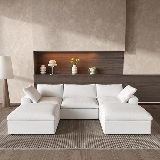 WJShome 118.02" Cloud Couch,Modular Sectional Sofa with 2 Storage Ottomans, U Shaped Down Filled Convertible Couch for Living Room Sets,Sofa Cover Washable & Replaceable(White)