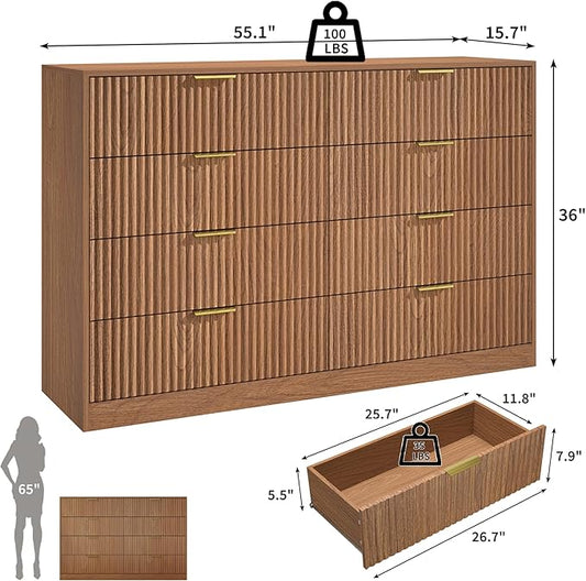 Fluted Dresser for Bedroom with 8 Drawer, 55” Wide Wooden Dresser Mid Century Chest of Drawers w/Gold Handle, Fluted Dressers TV Stand Closet Storage Organizer for Living Room, Natural Oak