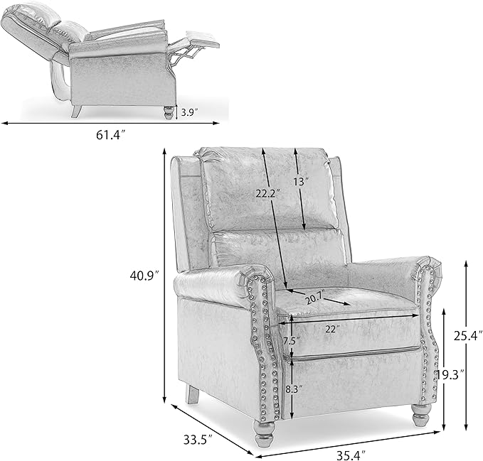 Pushback Recliner Chairs Set of 2, Faux Leather Wingback Recliner Chair, Upholstered Armchair Push Back Recliner with Wood Legs, Rivet Trim Single Sofa Accent Chair for Living Room, Bedroom, Gray