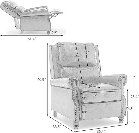 Pushback Recliner Chairs Set of 2, Faux Leather Wingback Recliner Chair, Upholstered Armchair Push Back Recliner with Wood Legs, Rivet Trim Single Sofa Accent Chair for Living Room, Bedroom, Gray