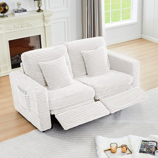ORRD Power Reclining Sectional Sofa, Electric Loveseat Recliner with 2 Electric Footrest and Adjustable Headrest, Modern Plush Corduroy Fluffy Reclining Sectional with Deep Seat for Living Room-White