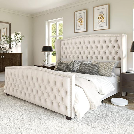 AMERLIFE California King Size Platform Bed Frame, Velvet Upholstered Bed with Deep Button Tufted & Nailhead Trim Wingback Headboard/No Box Spring Needed, Cream