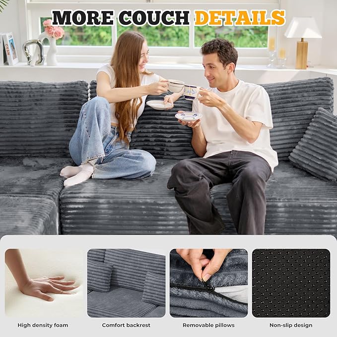 113" Modular Sectional Sofa, Convertible U-Shaped Cloud Couches for Living Room with Ottoman, 5 Seater Corduroy Boneless Couch Sofa Set, No Assembly Required, Grey 1 PCS