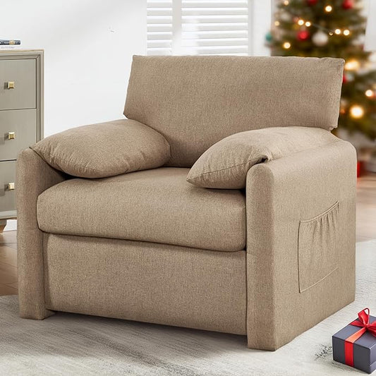 Oversized Accent Chair Mid-Century Modern Armchair for Living Room,USB and Type-C Ports,Comfy Reading Chairs for Bedroom with Side Pockets,Extra-Wide Single Sofa Chair(Khaki, Set of 1)