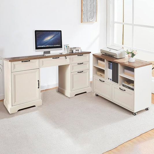 60" Farmhouse Executive Desk with 40" Mobile File Cabinet,L Shaped Desk Set with Charging Station,Office Desk with Storage Drawers,Wood Computer Desk Set for Office Work,Home Study
