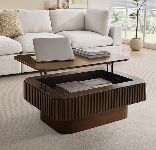 Lift Top Coffee Table for Living Room, Fluted Coffee Tables with Storage, Solid Wood Veneered Modern Accent Tea Center Table for Small Space Apartment (Walnut-38.6''D×26.8''H)