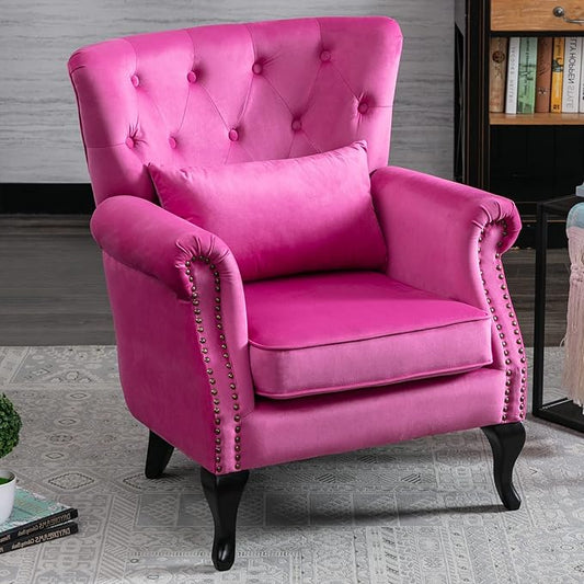 Accent Reading Arm Chairs for Living Room Bedroom, Midcentury Modern Comfy Corner Sofa Chair, Wingback Waiting Room Club Chair with Button Tufted Back &Lumbar Pillow, Velvet Rose