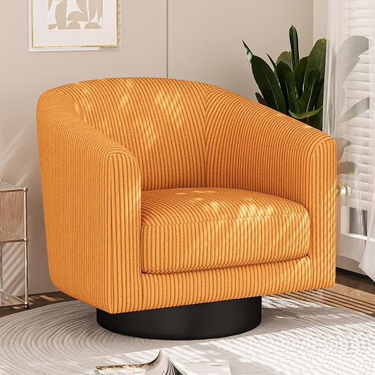 360° Swivel Accent Chairs, Modern Bucket Chair, Corduroy Barrel Armchair, Comfy Boucle Chair, Single Sofa for Living Room Bedroom. Orange