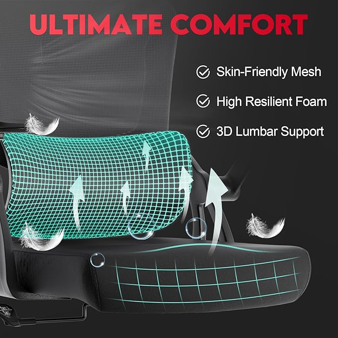 Ergonomic Office Chair - 400LB Comfy Desk Chairs with Adjustable Headrest and Lumbar Back Support, Mesh Computer Chairs with Wheels and Arms for Home Office, Study, Bedroom and Dorm (01black)