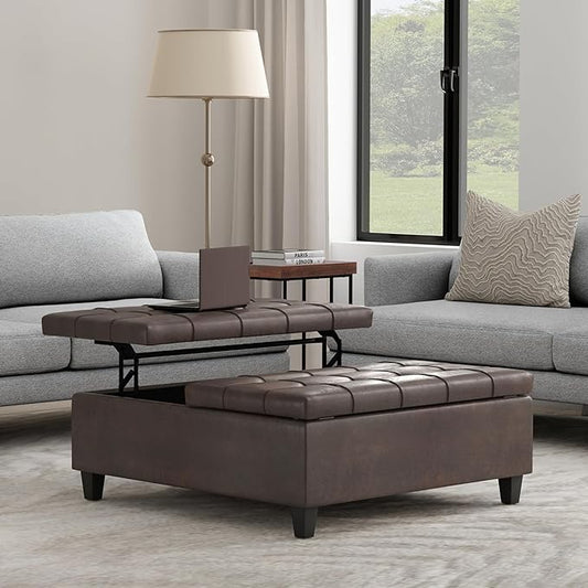 SIMPLIHOME Harrison 40 inch Wide Transitional Square Large Coffee Table Storage Ottoman in Distressed Brown Vegan Faux Leather, Assembled, for The Living Room and Bedroom