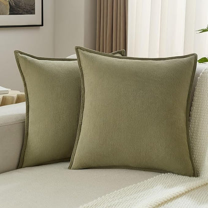 FUTEI Olive Green Chenille Throw Pillow Covers 16x16 Inch Set of 2,Edges Double-Stitched Cushion Cases,Modern Home Decor for Couch Living Room