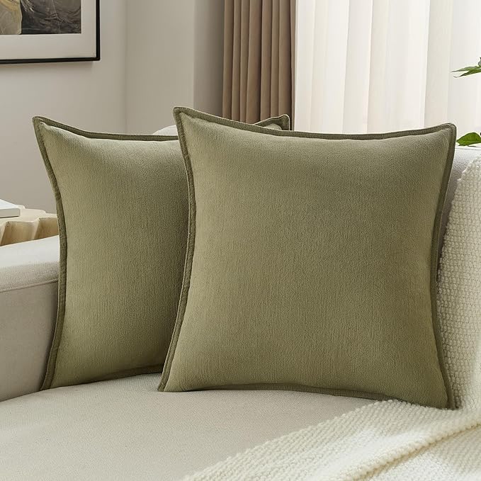 FUTEI Olive Green Chenille Throw Pillow Covers 22x22 Inch Set of 2,Edges Double-Stitched Cushion Cases,Modern Home Decor for Couch Living Room