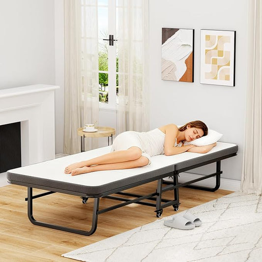 Folding Bed with Mattress, Portable Rollaway Guest Beds On Wheels, 72"x 32" Twin Size Portable Bed for Adults, Metal Bed Frame, Space Saving Roll Away Beds for Small Apartment