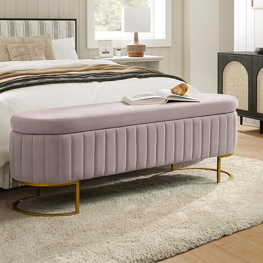 EcoHarbor Living 55.5" Storage Bench Ottoman End of Bed Bench Bedroom Bench, Upholstered Velvet Long Window Bench Large King Size with Gold Legs, Flipping Lid Entryway Footrest (Pink)